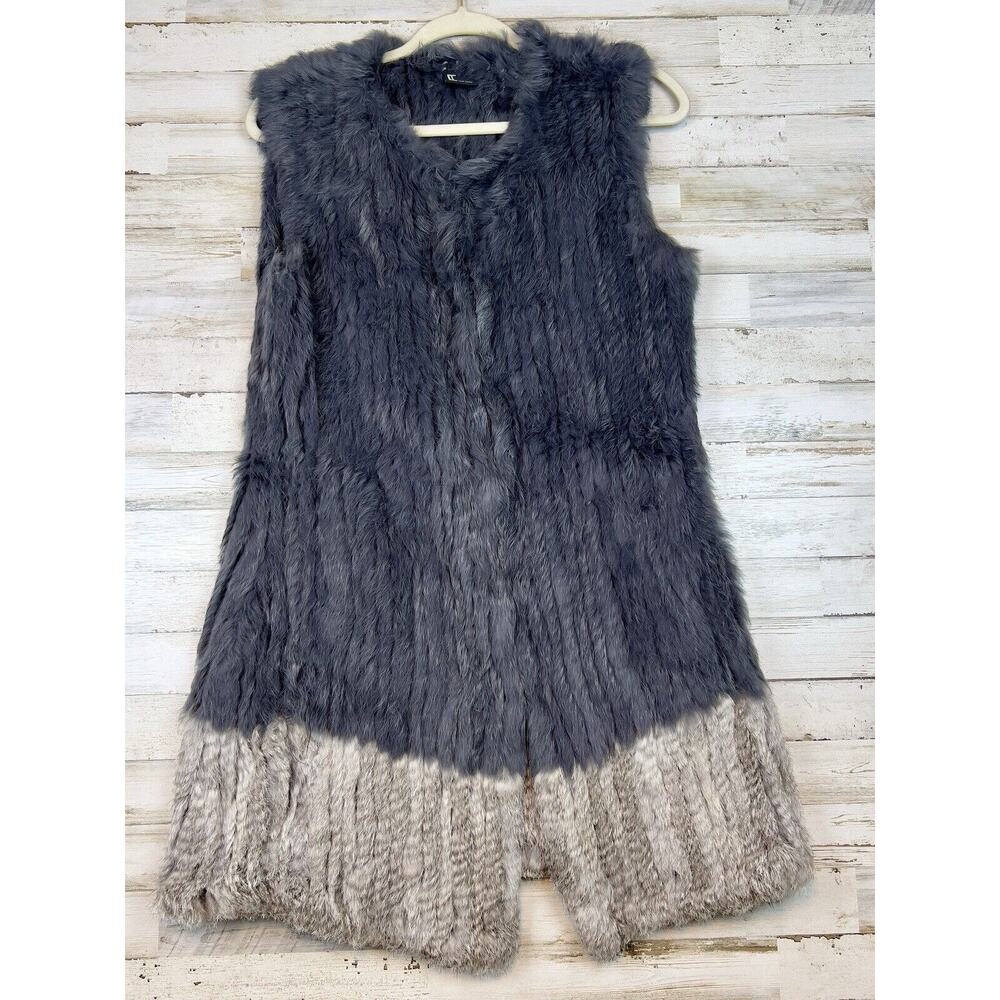 Love Token Women’s Vest 100% Rabbit Fur Gray and Cream Pockets Sz. Small